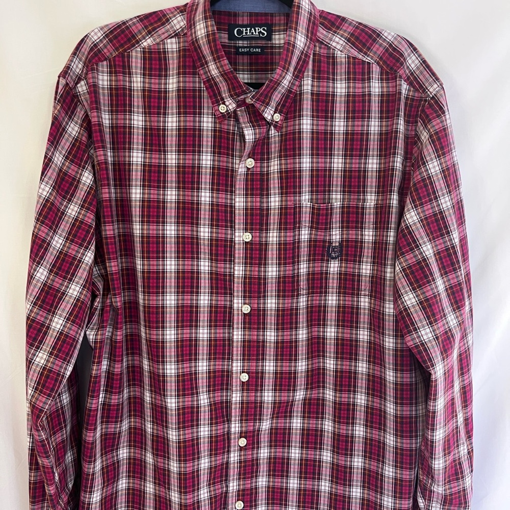 Chaps Easy Care Red and White Plaid Button-Down Shirt Sz XL